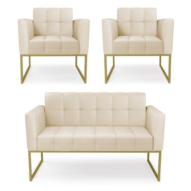 Imagem de Kit 1 Sofá Namoradeira e 2 Poltronas Elisa Corino Bege Base Metálica Industrial Dourado D03 - D'Rossi