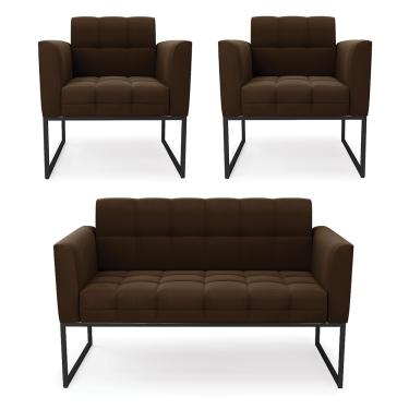 Imagem de Kit 1 Sofá Namoradeira e 2 Poltronas Elisa Suede Marrom Base Metálica Industrial Preto D03 - D'Rossi