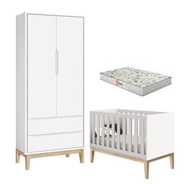 Imagem de Berço Americano E Guarda Roupa 2 Portas New Classic Branco Com Pés Madeira Natural E Colchão Gazin ? Reller