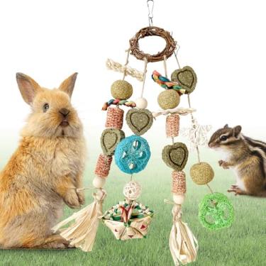 Imagem de Tyotrbs Brinquedo de mastigação de coelho, gaiola de coelhos, brinquedos de mastigar e guloseimas, anel de vime com lanches, grama, bloco de madeira, cenoura, para porquinhos-da-índia, chinchilas
