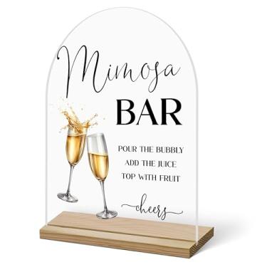 Imagem de Placa de bar Mimosa para mesa, champanhe Cheers acrílico Mimosa Bar com suprimentos de base para chá de bebê, chá de panela, decoração para festa de casamento, despedida de solteira, suporte de placa