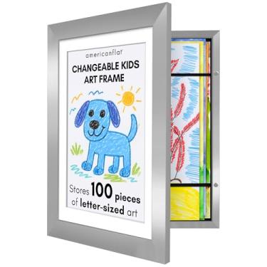 Imagem de Americanflat Moldura de quadro de arte infantil 25 x 30 cm em prata – Exibe 21 x 28 cm com tapete e 25 x 31 cm sem tapete – Madeira composta com vidro resistente à quebra