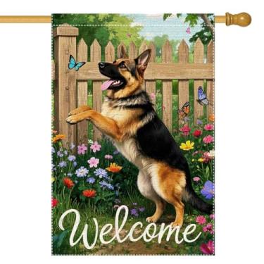 Imagem de Bem-vindo primavera verão jardim bandeira 71 x 101 cm dupla face pequena pastor alemão borboleta sazonal flores silvestres decoração rústica fazenda casa quintal gramado decoração (RMQ-495D, 28"X40")