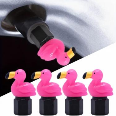Imagem de Xalvoria Pacote com 4 tampas de haste de válvula de pneu flamingo feitas à mão para válvulas Schrader, rosa, acessórios de carro e bicicleta, decoração automotiva fofa, presente tropical, destaque