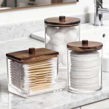 Imagem de Potes de armazenamento de acrílico para banheiro com tampas marrom-escuras, pacote com 3 recipientes organizadores transparentes para cotonetes de algodão, bolas de algodão, almofadas de maquiagem