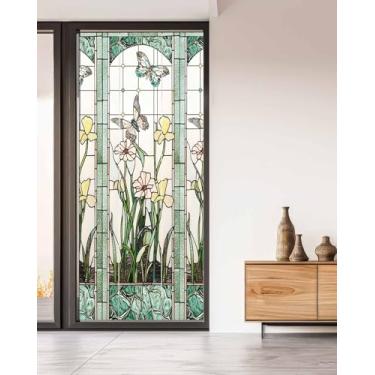 Imagem de Película decorativa de privacidade para janela verde floral vintage para janela de vitral primavera verão natureza estática janelas adesivas adesivo para porta de vidro, 89,9 cm x 199,9 cm blackout