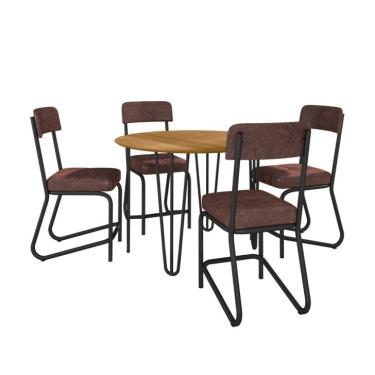 Imagem de Conjunto de Mesa Redonda com Tampo de MDP Marrom Versalhes e 4 Cadeiras Nagóia Revestimento Sintético Marrom Escuro e Preto