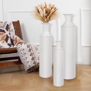 Imagem de NowDoWin Vaso de chão alto para grama dos pampas, decoração de vaso extragrande, conjunto de 3 vasos decorativos altos para decoração de casa, material de metal, padrão de vime artesanal, branco fosco