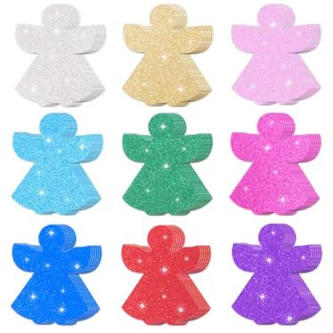 Imagem de MixTeach 108 peças de recortes de anjo de Natal, papel com glitter, recorte de anjo, 10 cm, cortado em forma de anjo com pontos de cola, para sala de aula, quadro de avisos, Natal, inverno, festas