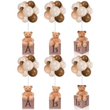 Imagem de Lenwen 6 conjuntos de decorações de chá de bebê com urso, caixas de cartas para mesa de chá de bebê, centros de mesa, urso, animais de pelúcia com suporte, urso, brinquedo de pelúcia, caixas de bebê