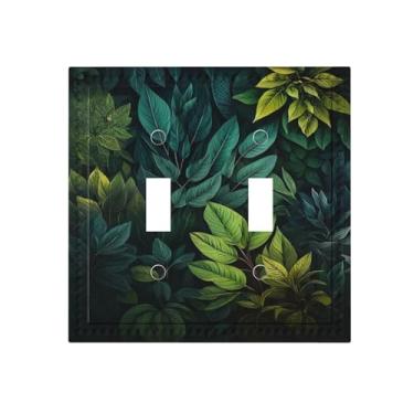 Imagem de HLCoChT Capas de interruptor de luz de arte decorativa, folhas verdes na calada da noite, placa de parede com interruptor duplo de 2 gangues capa decorativa placa elétrica