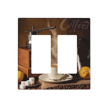 Imagem de VGHOKO Capas de tomada decorativas com café rústico vintage com design de xícara de café e feijão, placa de parede de 2 grupos, tampa de interruptor duplo para decoração de cozinha