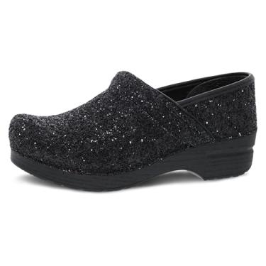 Imagem de Dansko Tamancos femininos sem cadarço profissionais com glitter – sola basculante e suporte de arco para conforto – cabedal brilhante e elegante com glitter, Preto, 6.5-7 Wide