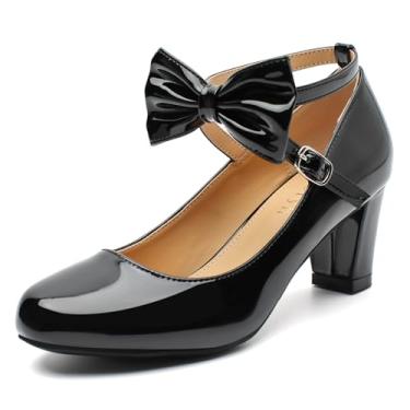 Imagem de Rjclyh Sapato feminino de salto grosso com laço fofo Mary Jane com alça cruzada para casamento, festa de casamento, formatura, Couro envernizado preto, 39