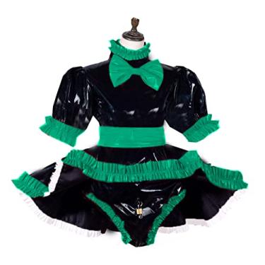 Imagem de Vestido de empregada com trava, com avental, calcinha com trava, PVC, manga curta, uniforme com trava, verde pavão, 7GG