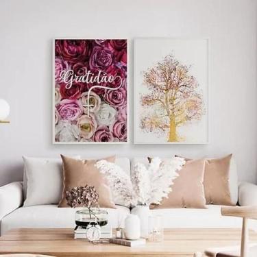 Imagem de Kit 2 Quadros Gratidão Flores E Árvore 24X18 Madeira Branca - Quadros 