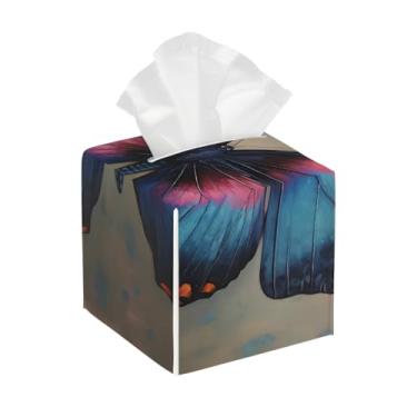 Imagem de Porta-lenços de papel quadrado de couro, impermeável, borboleta, retrô, azul, organizador de papel facial com cinto inferior, estojo de lenços para mesa, banheiro, escritório, mesa, carro, decorativo