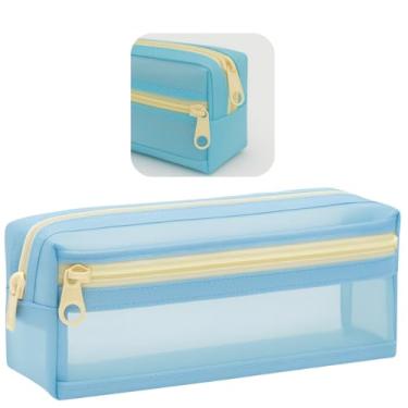 Imagem de Estojo Escolar 2 Divisoria de Nylon Grande Transparente Organizador Material Lápis Caneta Borracha Papelaria Fofa Compartimento Fecho Metalico Volta as Aulas Box Necessaire Menino Menina (Azul)