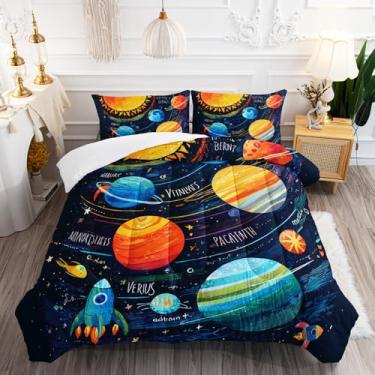 Imagem de AILONEN Conjunto de edredom infantil com desenho de sistema solar para entusiastas de astronomia, tamanho Queen, estrelas cósmicas, 1 colcha com 2 fronhas, 3 peças, macio e leve