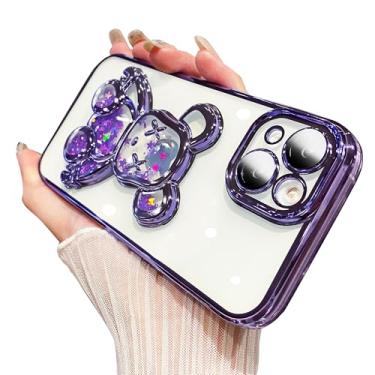 Imagem de MANLENO Capa galvanizada 6D para iPhone 14 para mulheres e meninas, capa luxuosa de areia movediça líquida com protetor de câmera glitter urso brilhante fino à prova de choque capa protetora de borracha (roxo escuro)