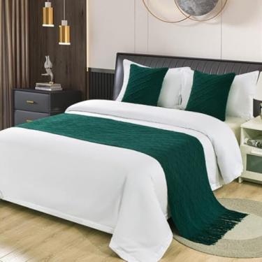 Imagem de Cachecol de cama de cor sólida com borla, corredor de sofá de tecido decorativo, costura resistente, resistente ao desbotamento, antiderrapante, perfeito para estilo de quarto de hóspedes - verde ||60