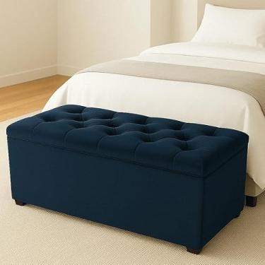 Imagem de Baú Estofado 90cm com Veludo ou Suede - Organizador Multiuso para Pé de Cama, Brinquedos e Sapatos(VELUDO AZUL MARINHO)