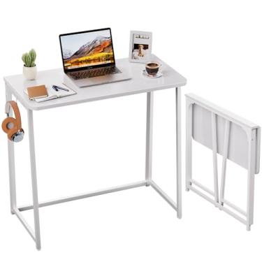 Imagem de WOHOMO Mesa de trabalho dobrável pequena para computador e mesa de estudo, fácil montagem, economia de espaço, mesa dobrável para laptop, mesa de trabalho para escritório em casa, branca
