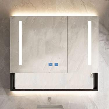Imagem de SPXMQSS Armário de espelho de LED, armários de banheiro espelhados, desembaçamento inteligente com prateleiras, armários de parede de banheiro com escurecimento contínuo para cima e para baixo