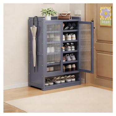 Imagem de SPXMQSS Sapateira para entrada, armário de sapatos de 7/8 níveis com portas, grande armário de armazenamento de sapatos, organizador de sapatos de bambu para 18-42 pares, sapateira independente cinza