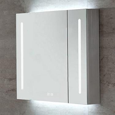 Imagem de SPXMQSS Armários de parede de banheiro, gabinete de banheiro de LED desembaçador com prateleiras antidigitais Armários de banheiro com luzes com memória de escurecimento contínuo funcional 60 x 80 x