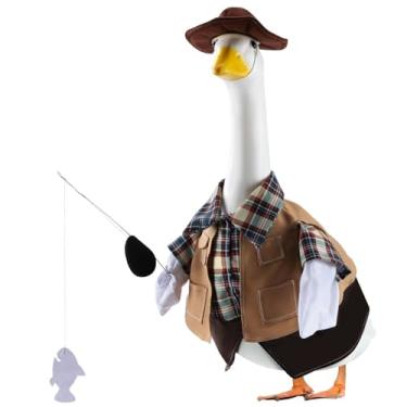 Imagem de EKOREST Roupas de ganso de pesca para estátua de gramado de 58 cm, fantasia fofa para estátua de plástico/cimento, roupas de escultura sazonal para decoração de festa de aquecimento de casa e pátio