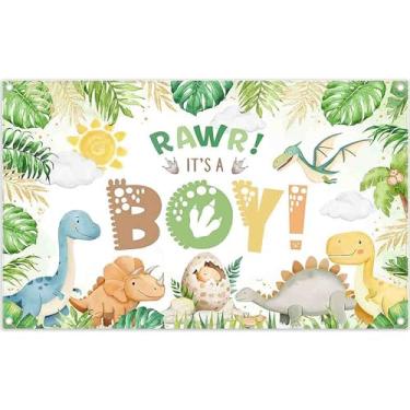 Imagem de ZTHMOE Tecido 183 x 109 cm Dinossauro É um Menino Pano de Fundo de Chá de Bebê Desenho Animado Ovo Selva Tropical Folhas de Palmeira Fundo Fotográfico Crianças Recém-nascidos Decorações Foto Banner