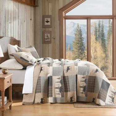 Imagem de SOElinens Colchas Queen Size – Conjunto de colcha leve reversível, design xadrez 100% algodão, urso, floresta, cervo, animal, chalé, cabana, conjunto de cama com capas combinando, marrom/cáqui/carvão