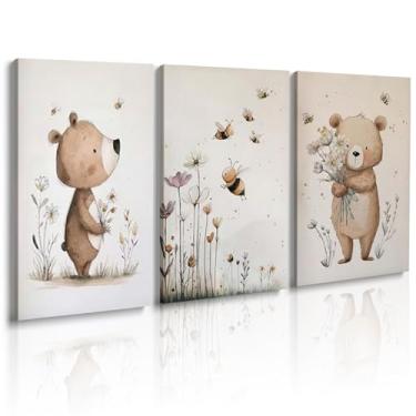 Imagem de Arte de parede emoldurada para berçário de floresta, decoração de berçário, arte de parede em tela de urso fofo para quarto de bebê, flores silvestres, pintura de abelha, fotos de safári, decoração de