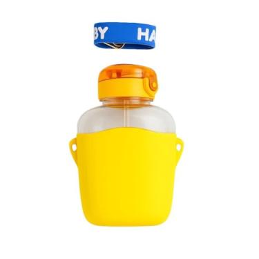 Imagem de Garrafa Infantil com Canudo, Squeeze à Prova de Vazamentos, Tampa Flip-Top, Inclui Adesivos Decorativos para Crianças (Amarelo)