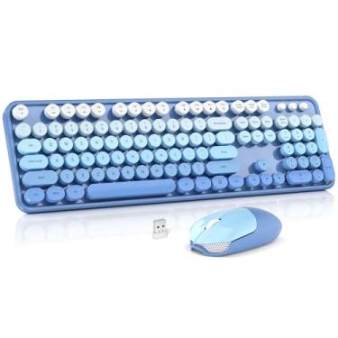 Imagem de Combo de teclado e mouse sem fio, teclado redondo retrô MOWUX para computador, mouse óptico sem fio, plug and play, para laptop, PC, computador gradiente azul