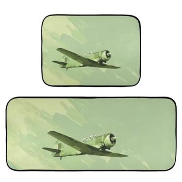 Imagem de Wassud Tapetes de cozinha de avião verde para decoração de casa tapetes de cozinha acolchoados antifadiga tapetes de cozinha antiderrapante lavável essencial de cozinha conjunto de 2