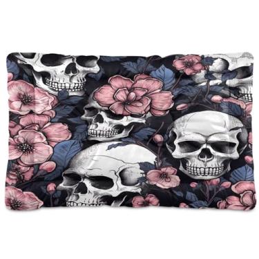 Imagem de Wassud Cama de cachorro com corações desenhados à mão com caveira rosa, cama grande para cães ao ar livre, tapete lavável para animais de estimação, cama de gato para dormir, viagens, 91 x 61 cm