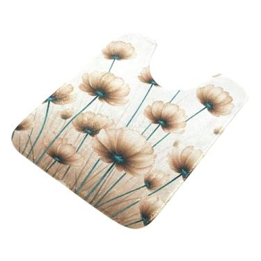Imagem de Burbuja Tapete de banheiro bege marrom com flores de papoula, tapete de banho absorvente de pelúcia macio, base antiderrapante para piso de banheiro, oval em forma de U