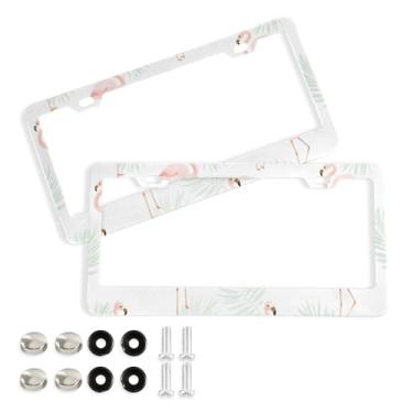 Imagem de CEBUGI Pacote com 2 molduras de placa de carro de alumínio capas de moldura de placa de carro com 2 furos flamingos acessórios automotivos para placas dianteiras e traseiras orifício elíptico