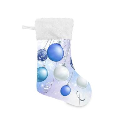 Imagem de Qilmy Bolas de Natal azuis e brancas meias de Natal 2 peças, meias grandes de Natal, decorações de presente e suprimentos de festa, usadas para decoração de lareira de árvore de Natal 552