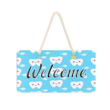 Imagem de Burbuja Placa de boas-vindas com dentes fofos para porta da frente, placa de boas-vindas de PVC para decoração de férias, 15 x 28 cm