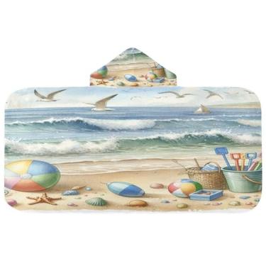 Imagem de Burbuja Toalha de banho com capuz e cena de praia divertida para crianças, toalha de praia de pelúcia macia absorvente para meninas e meninos 3-10 anos, 61 x 127 cm