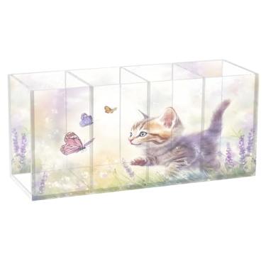 Imagem de Burbuja Porta-canetas de acrílico de lavanda que perseguem borboletas de gatinho, 4 compartimentos, suporte de lápis transparente para pincéis de maquiagem, acessórios de mesa de escritório em casa