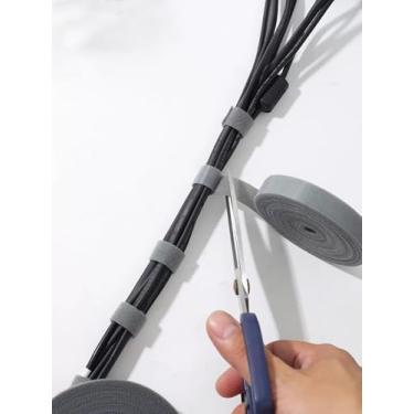 Imagem de Tiras cortadas no comprimento resistente, rolo de dupla face autoaderente de 32 pés x 1,2 cm, laços de agrupamento se prendem a si mesmos para fixação segura, cinza