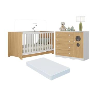 Imagem de Berço Americano 3 em 1 com Colchão Incluso e Cômoda 1 Porta 4 Gavetas Sonho Multimóveis Mp4717 Branco/madeirado
