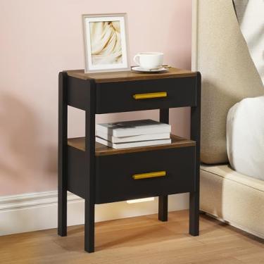 Imagem de Tltaroni Mesa de cabeceira com 2 gavetas e prateleira aberta, mesa de cabeceira de madeira, alças douradas, suporte noturno com luz para quarto, preto e marrom