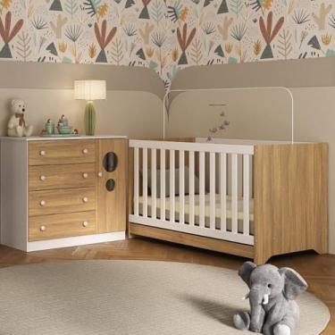 Imagem de Berço Americano 3 em 1 com Cômoda 1 Porta 4 Gavetas Pirulito Multimóveis Mp4707 Branco/madeirado