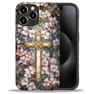 Imagem de ANLUN STORE Capa para iPhone 16 Pro Max, proteção dupla híbrida TPU macio + PC rígido à prova de choque, capa protetora antiarranhões e fina para homens e mulheres - design floral com cruz cristã e