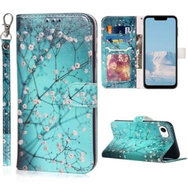 Imagem de JanCalm Capa carteira com estampa floral para iPhone 16e, alça de pulso, capa com compartimentos para cartões, suporte, proteção de couro PU, capas fofas para mulheres e meninas (flor de ameixa)
